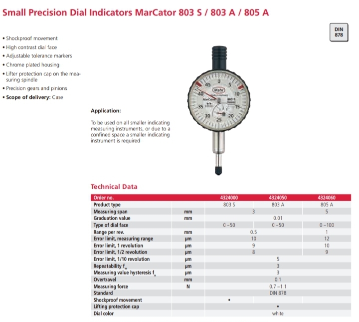 Small Dial Indicator 803 S / 803 A / 805 A