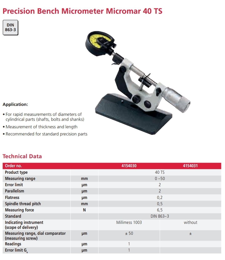 Precision Bench Micrometer 40 TS