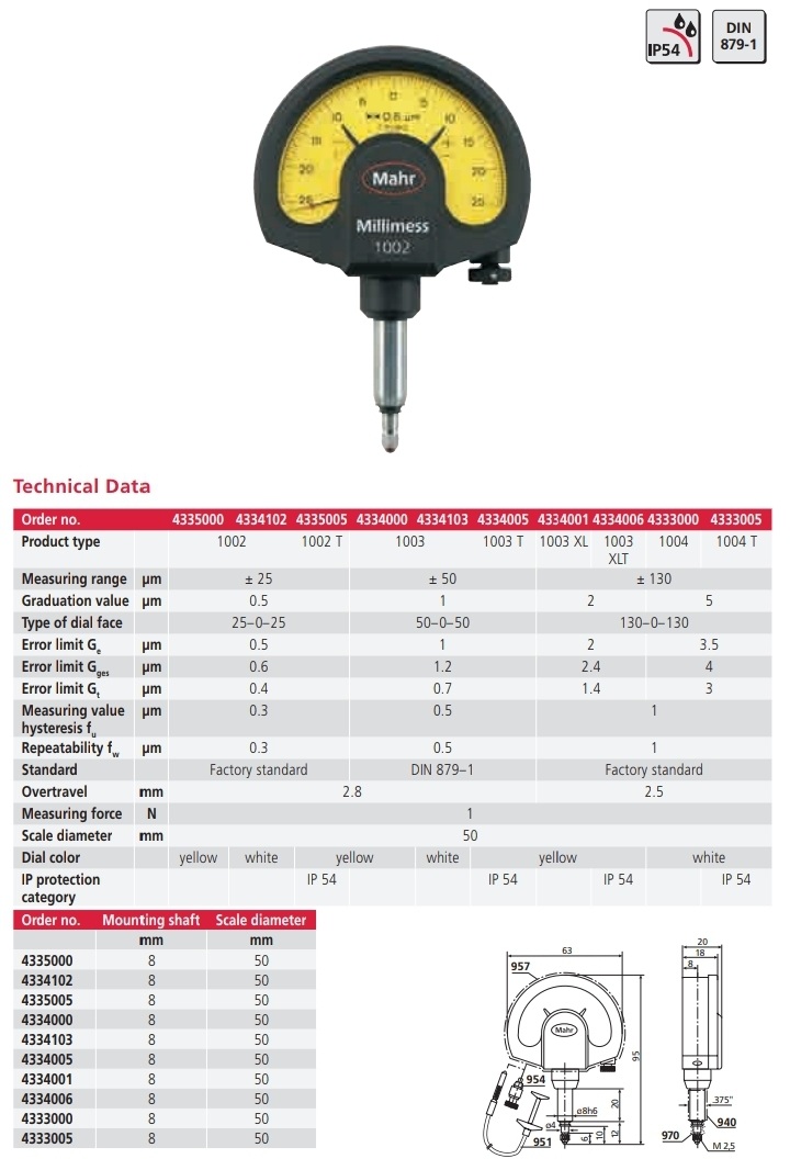 Mechanical Dial Comparator 1002/1002 T/1003/1003/1003 X /1003 XLT /1004 /1004 T